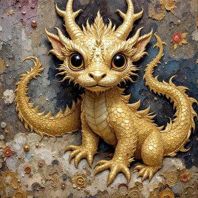 The primary subject of the image is a small, cute, and colorful dragon. The dragon is sitting on a surface, possibly a wall or a painting, and appears to be the main focus of the image. The setting or background features a colorful and intricate design, which adds to the overall visual style of the image. The colors and mood of the image are vibrant and lively, creating a sense of playfulness and creativity.
